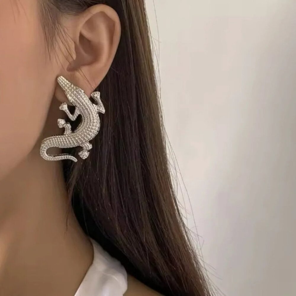 Alligator Silver Textured Statement Earrings - image 2